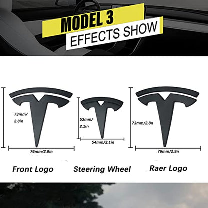 Model 3 Steering Wheel/Front Trunk/Rear Trunk Logo Cover Sticker Badge Decals 3Pcs/Set for fit Tesla Model 3 Emblem Accessories(Matt Black)