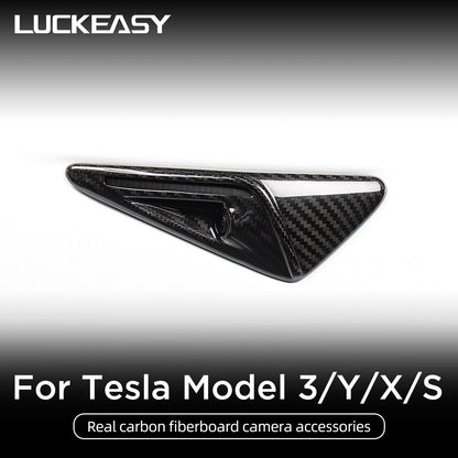 LUCKEASY For Tesla Model 3 Y X S 2018-2023 Car Decoration Accessories Carbon Fiber Leaf Board Side Camera Protection Cover Trim