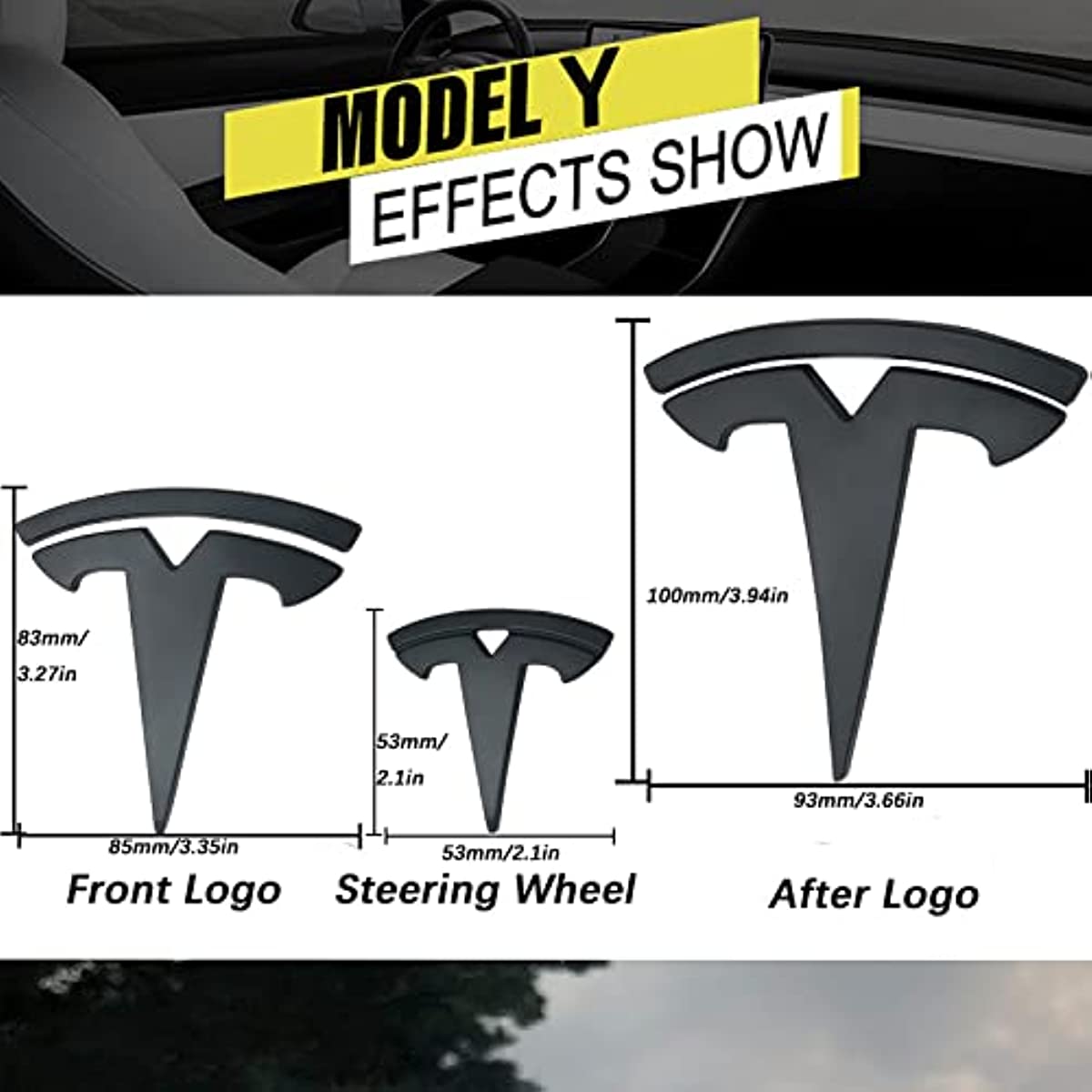 Model Y Steering Wheel/Front Trunk/Rear Trunk Logo Sticker Cover Emblem Badge Decals 3PCS/Set for Tesla Model Y Accessories(Matt Black)