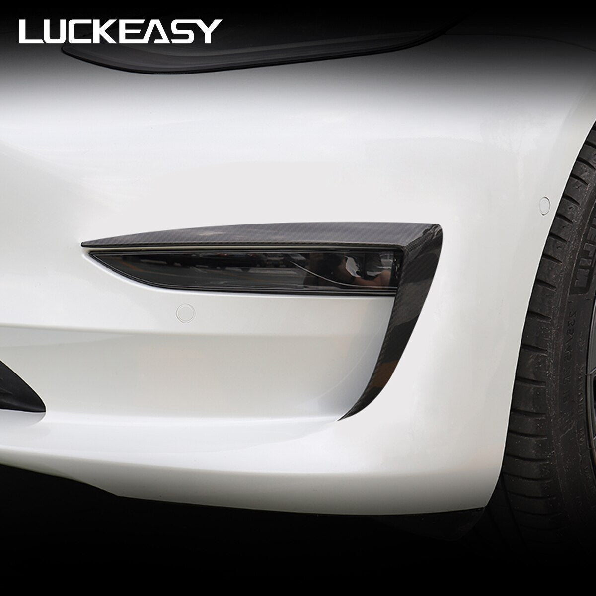 LUCKEASY Car Front Decoration Patch For Tesla Model 3 2017-2023 Wet Carbon Fiber Front Bumper Protection Patch 2Pcs/Set
