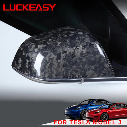 LUCKEASY Car Rearview Mirror Shell Decoration For Tesla Model 3 Model3 2023 Forged Carbon Fiber Side Mirror Cover Protective Cap