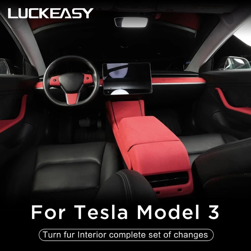 LUCKEASY For Tesla Model 3 2017-2023 Interior Auto Accessories Patch Flip Fur Steering Wheel Instrument Panel Air Outlet Sticker